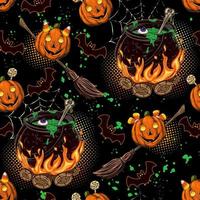 Pattern with witch cauldron with bubbling green liquid on the bonfire, bone, brooms, silhouette of bat, pumpkins like kids, little imps. Magic potion, symbol of witchcraft. Background in vintage style vector