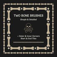 Set of 2 pattern brushes with bones for Halloween, Dia de Muertos decoration. Corners, end and start tiles included. Square frame in vintage style. Isolated on a black background.