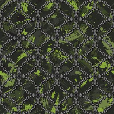 Seamless grunge pattern in vintage style with grid of steel rough chains, random textured grunge paint brush strokes, smears on a black background. Abstract illustration for surface design