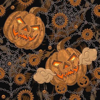 Seamless halloween pattern in steampunk style with copper halloween pumpkin, rusty gears, rough steel chains. Textured black background with grunge paint brush strokes, smears Creative fantasy concept