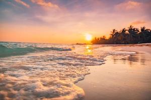 Closeup island coast palm trees sea sand beach. Blurred beautiful tropical beach landscape. Inspire seascape horizon waves splashing. Colorful sunset sky tranquil relax summer seaside, dream nature photo