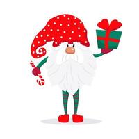 A bearded cute gnome in a red cap, a fairy-tale Christmas character. Vector illustration in flat style