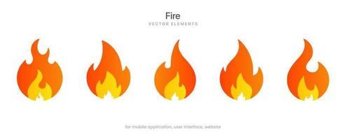 Colección de iconos de llamas de fuego 3d. llama roja en estilo abstracto sobre fondo blanco para el sistema operativo del juego de la aplicación móvil del sitio web ui ux.