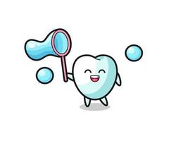 happy tooth cartoon playing soap bubble vector