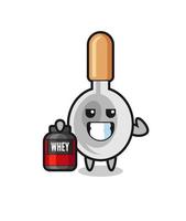 the muscular cooking spoon character is holding a protein supplement vector