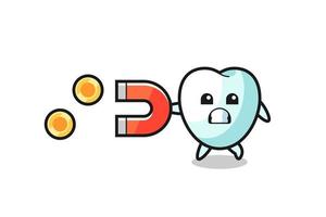 the character of tooth hold a magnet to catch the gold coins vector