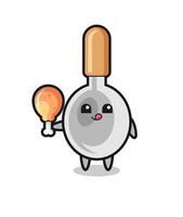 cooking spoon cute mascot is eating a fried chicken vector