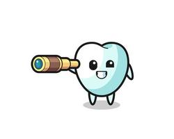 cute tooth character is holding an old telescope vector