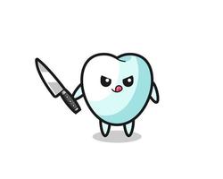 cute tooth mascot as a psychopath holding a knife vector