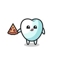 cute tooth cartoon eating pizza vector