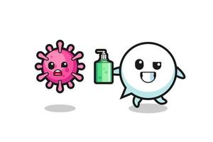 illustration of speech bubble character chasing evil virus with hand sanitizer vector