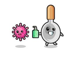 illustration of cooking spoon character chasing evil virus with hand sanitizer vector