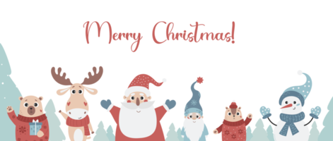 Christmas poster with cute cartoon characters Santa Claus, snowman, fairy gnome, funny animals bear with gift, deer and chipmunk on snowy background. horizontal illustration Merry Christmas png
