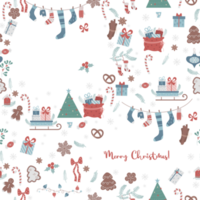 hristmas seamless pattern. New Years decor, gingerbread, tree, sleigh, gifts, socks, holiday decor on blue background. Winter p.attern for decor, design, packaging and print png