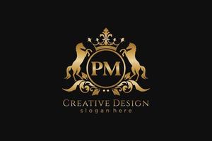 initial PM Retro golden crest with circle and two horses, badge template with scrolls and royal crown - perfect for luxurious branding projects vector