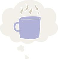 taza de café caliente de dibujos animados y burbuja de pensamiento en estilo retro vector