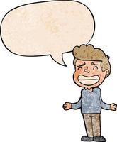 cartoon boy shrugging and speech bubble in retro texture style vector