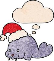 cartoon christmas walrus and thought bubble in grunge texture pattern style vector