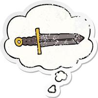 cartoon sword and thought bubble as a distressed worn sticker vector