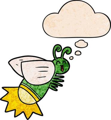 cartoon glow bug and thought bubble in grunge texture pattern style