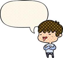 cartoon boy sticking out tongue and speech bubble in comic book style vector