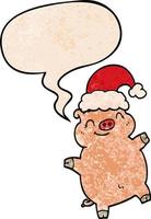 cartoon happy christmas pig and speech bubble in retro texture style vector