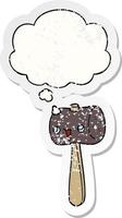 cartoon mallet and thought bubble as a distressed worn sticker vector