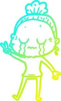 cold gradient line drawing cartoon crying old lady vector
