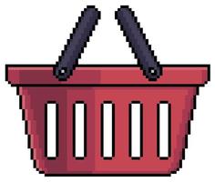 Pixel art shopping basket, red basket vector icon for 8bit game on white background