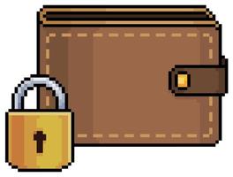 Pixel art wallet with padlock, safe money vector icon for 8bit game on white background