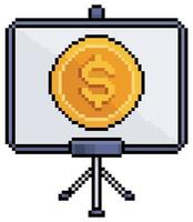 Pixel art banner on tripod with coin and money vector icon for 8bit game on white background