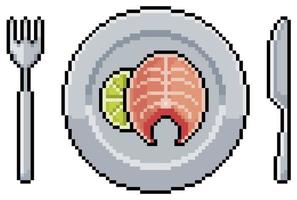 Pixel art plate with salmon and lemon, fork and knife vector icon for 8bit game on white background