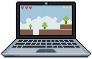 Pixel art laptop computer with retro game vector icon for 8bit game on white background