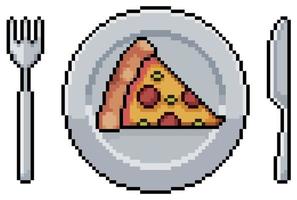 Pixel art plate with pizza slice, fork and knife vector icon for 8bit game on white background