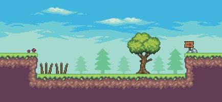 Pixel art arcade game scene with trees, wooden board, trap and clouds 8 bit vector background