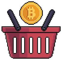 Pixel art shopping baskets with bitcoin vector icon for 8bit game on white background