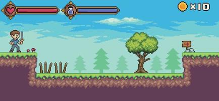 escena de juego de arte de píxeles con carácter, barra de vida y maná, árbol, fondo de vector de nube para juego de 8 bits