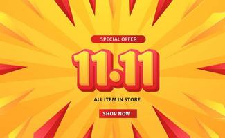 11 11 plantilla de banner de descuento de promoción de oferta de venta con texto en 3d con fondo vibrante de color rojo y amarillo vector