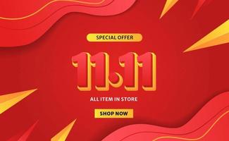 11 11 plantilla de banner de descuento de promoción de oferta de venta con texto en 3d con fondo vibrante de color rojo y amarillo vector