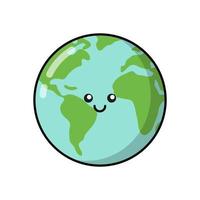 Earth planet for patches, badges, stickers, logos. Cute eco funny cartoon character icon in asian japanese kawaii style. Vector ecology doodles of Earth planet, World Earth day.