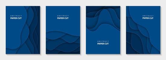 Vector vertical flyers with blue paper cut waves shapes. 3D abstract paper style, design layout for business presentations, flyers, posters, prints, decoration, cards, brochure cover, banners.