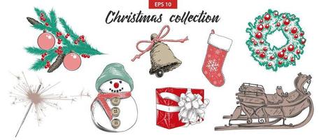 Vector engraved style illustration for posters, decoration and print. Hand drawn sketch set Christmas and New Year holiday objects isolated on white background. Detailed vintage etching drawing