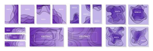 Vector set of 16 backgrounds with deep violet color paper cut shapes. 3D abstract paper art style, design layout for business presentations, flyers, posters, prints, decoration, cards, brochure cover.