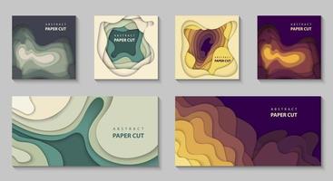 Vector set of 6 backgrounds with colorful paper cut shapes. 3D abstract paper art style, design layout for business presentations, flyers, posters, prints, decoration, cards, brochure cover.