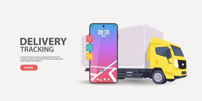 Online order tracking or freight delivery service transportation vector, flat cartoon truck automobile with warehouse parcel packages and cell phone or phone city map pin track vector