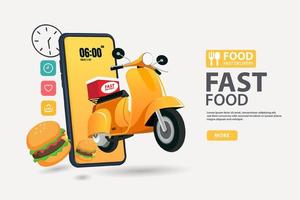 Trendy minimalistic food delivery service or online food order application banner design template with smartphone screen and delivery scooter or it. Vector illustration