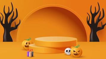 Halloween display podium decoration background with scary ornament. Vector 3D Illustration