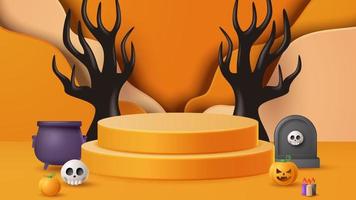 Halloween display podium decoration background with scary ornament. Vector 3D Illustration