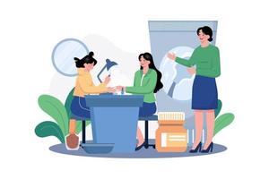 Women in a nail salon receive manicures from beauticians. vector