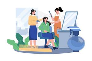 Hairdresser dry a new hairstyle for a customer at a hair salon. vector